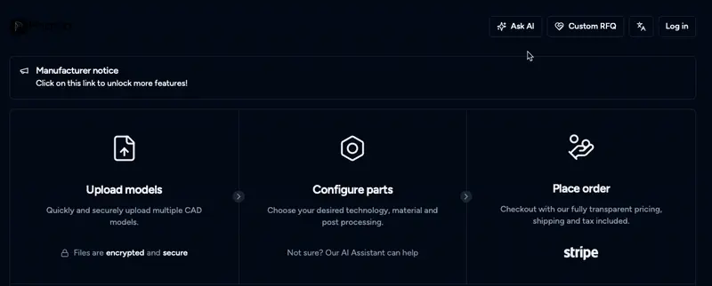 Upload CAD models interface showing drag and drop functionality