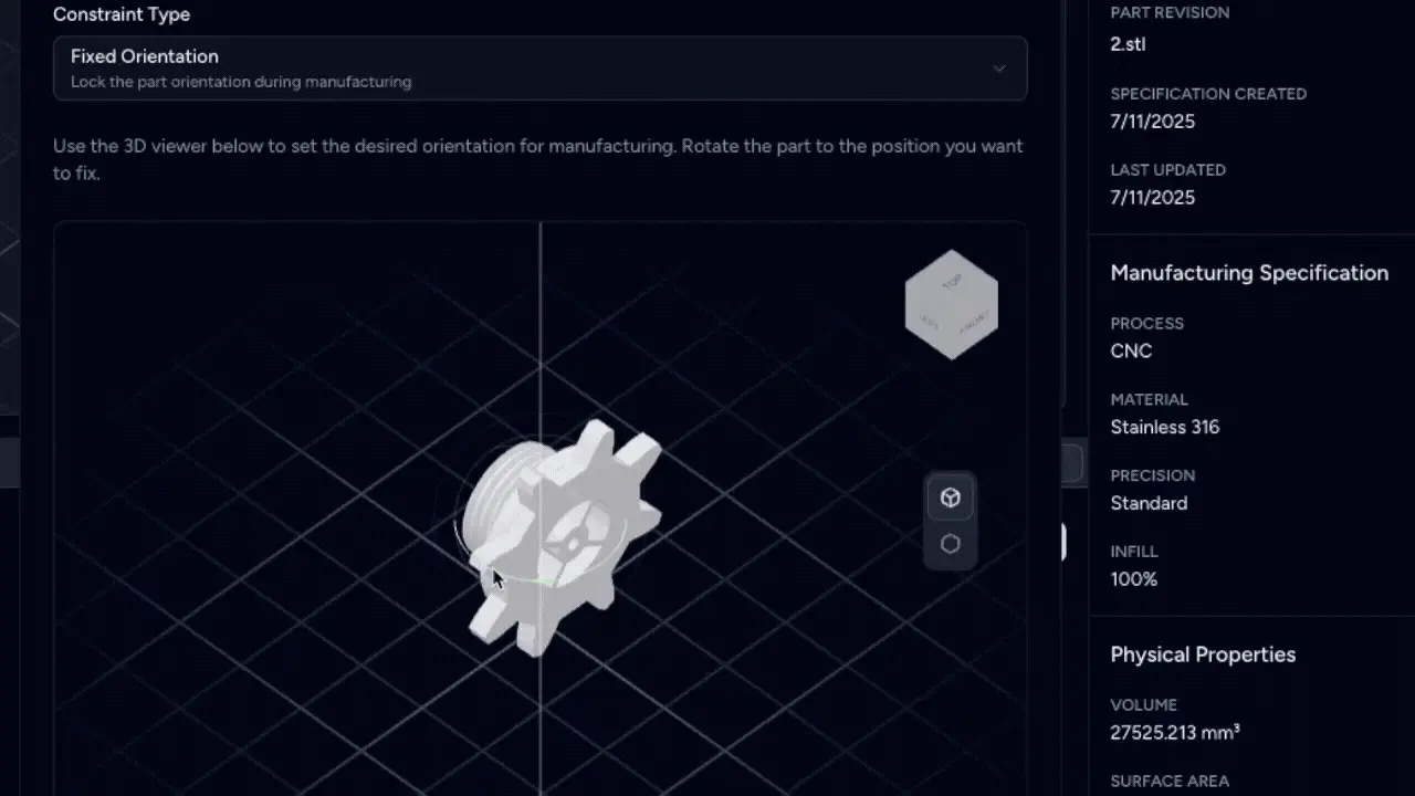 3D manufacturing constraints and part specifications interface
